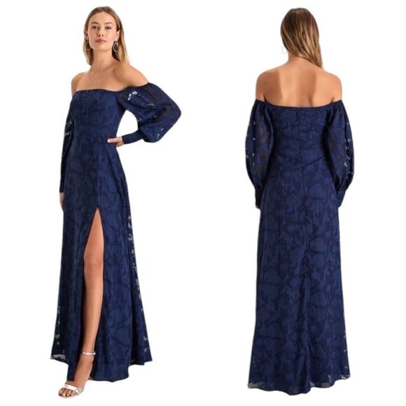 Lulus Radiantly Stunning Navy Blue Burnout Off-the-Shoulder Maxi Dress Size XS - Picture 1 of 16